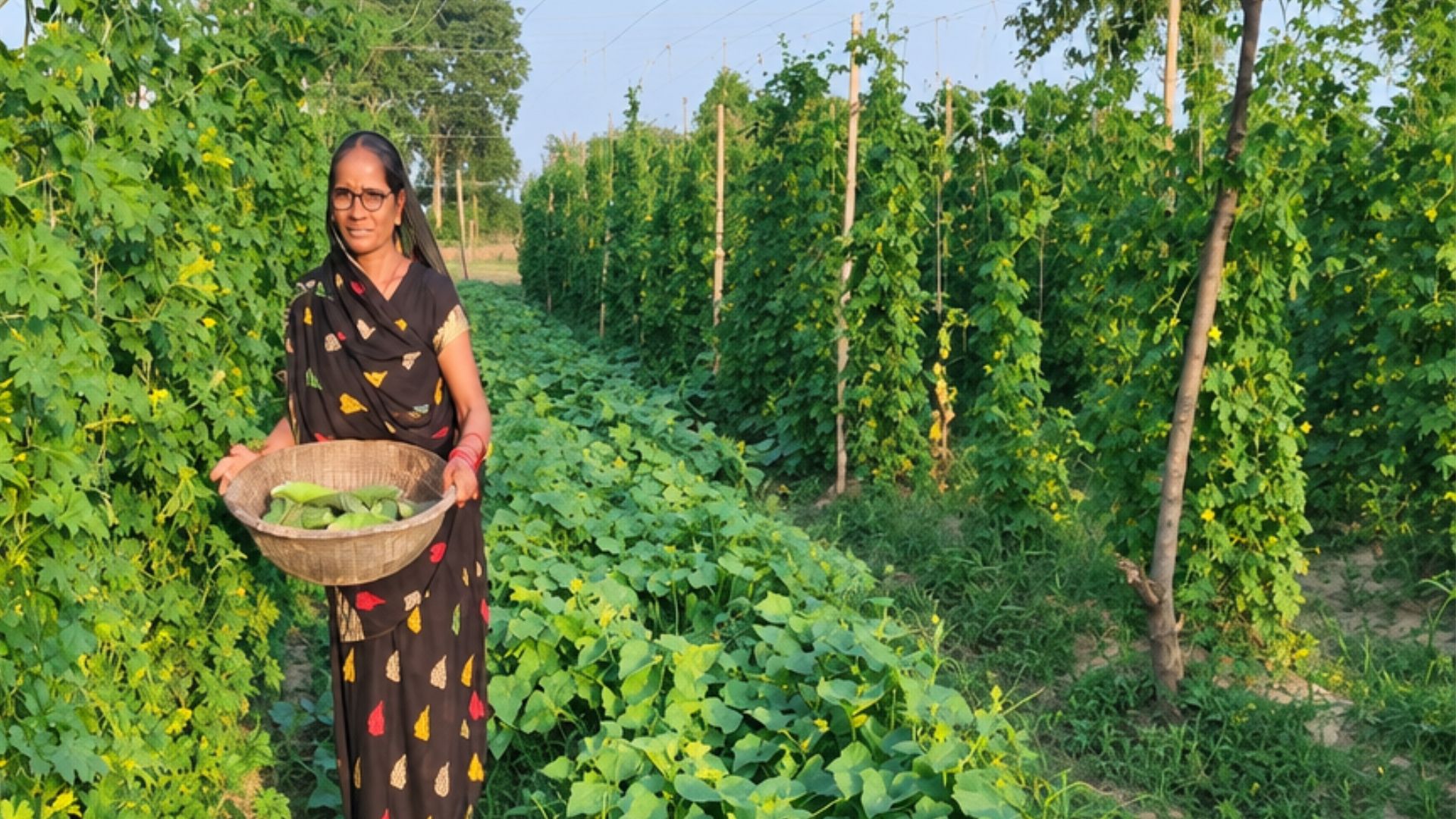 Farmer holds a basket of freshly harvested vegetables among rows of green crops.