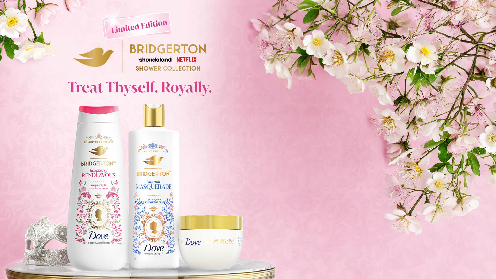 Pink floral background showcasing three Dove "Bridgerton Collection" shower products.