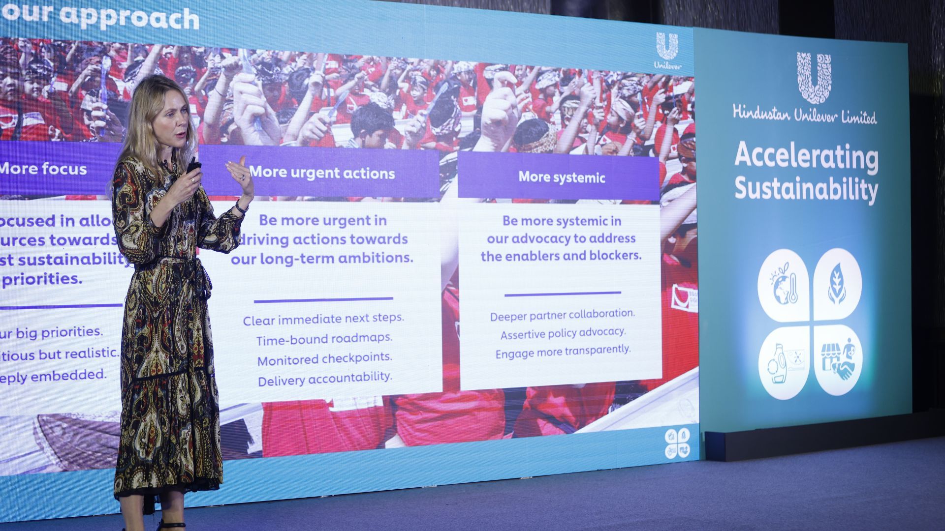 Rebecca Marmot presenting at HUL's 2024 'Accelerating Sustainability' event.