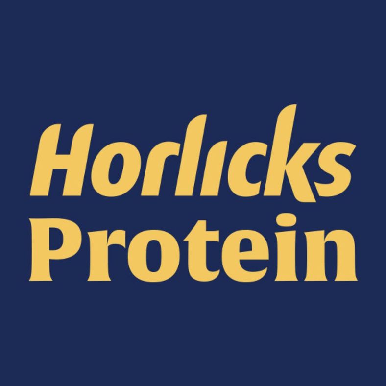 Horlicks Protein logo in yellow text on a dark blue background