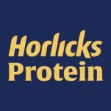 Horlicks Protein logo in yellow text on a dark blue background