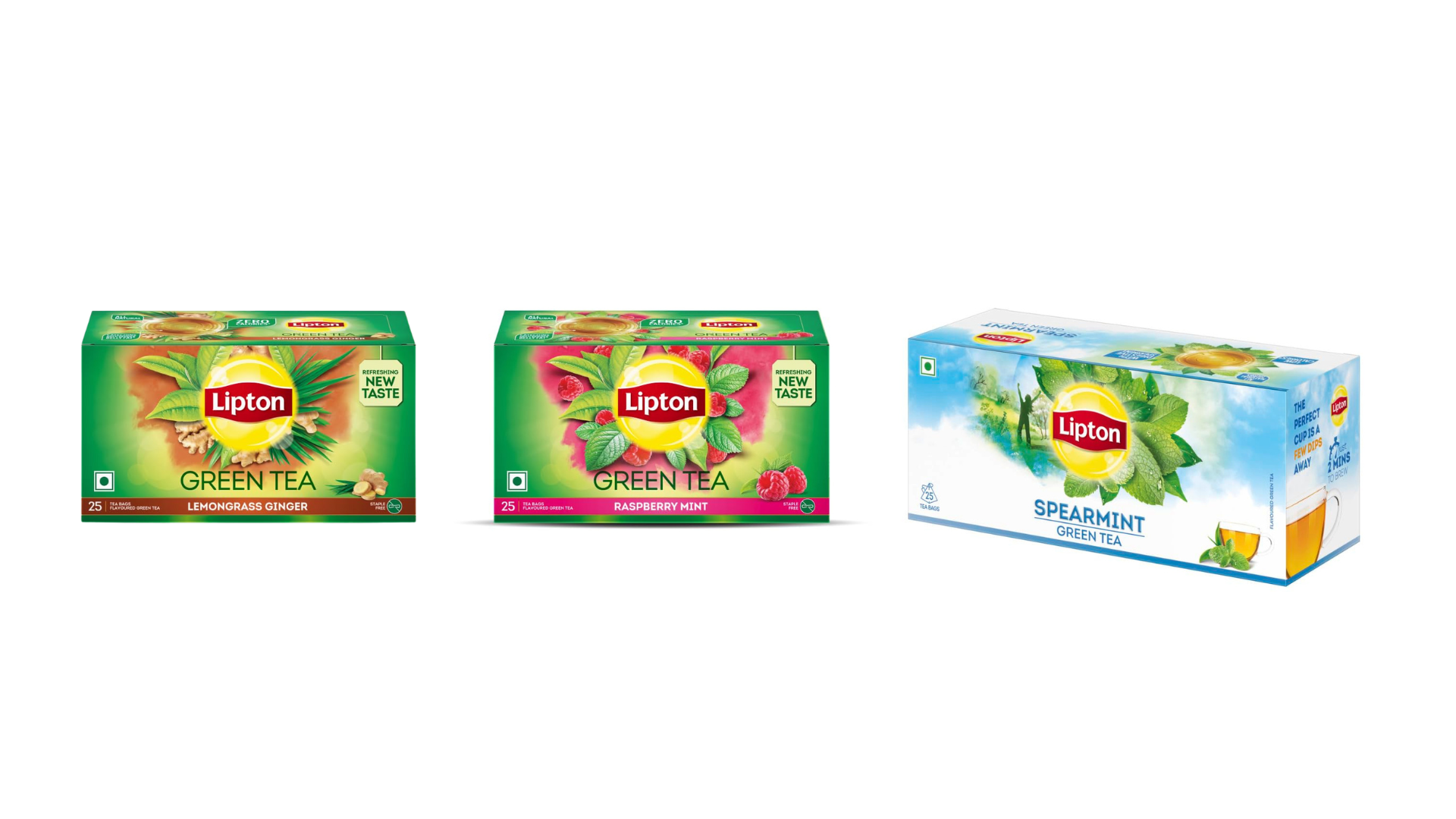 Pack shots of Lipton Flavoured Green Tea in three varieties: Raspberry-Mint, Lemongrass-Ginger, and Spearmint.