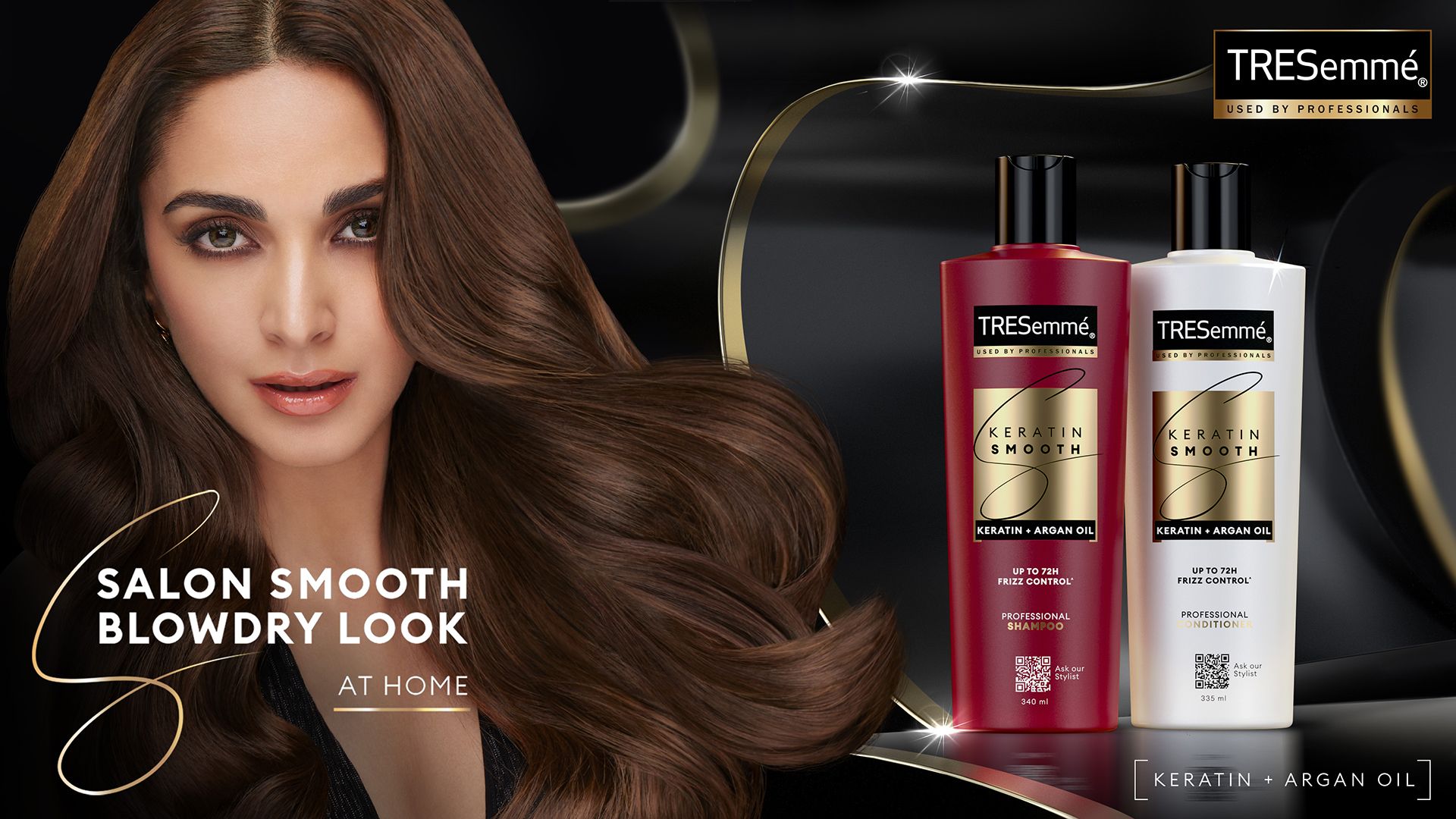 A woman with long, flowing brown hair, styled in a sleek and sophisticated manner with two bottles of TRESemmé Keratin Smooth shampoo and conditioner are featured.