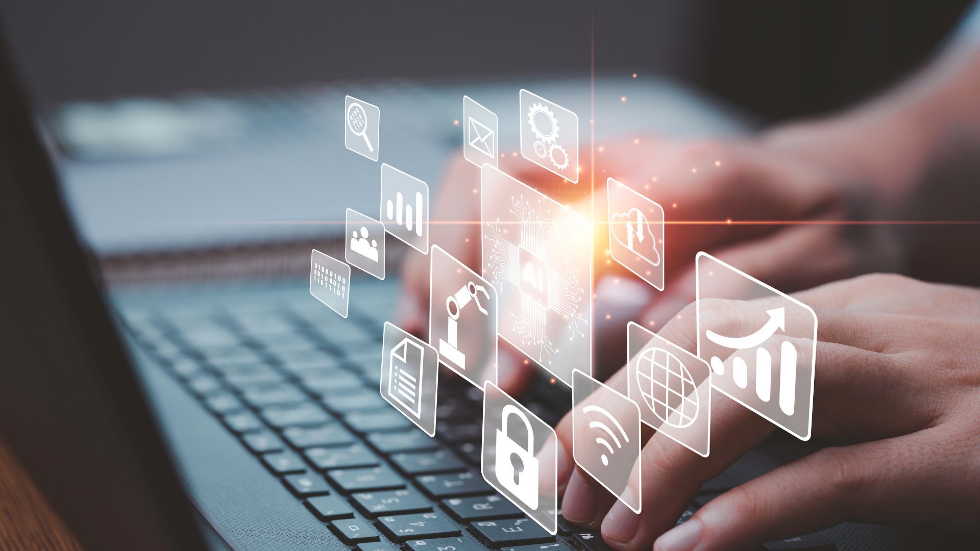 Person typing on a laptop keyboard with floating digital icons representing artificial intelligence, data security, cloud computing, automation, and data analytics.