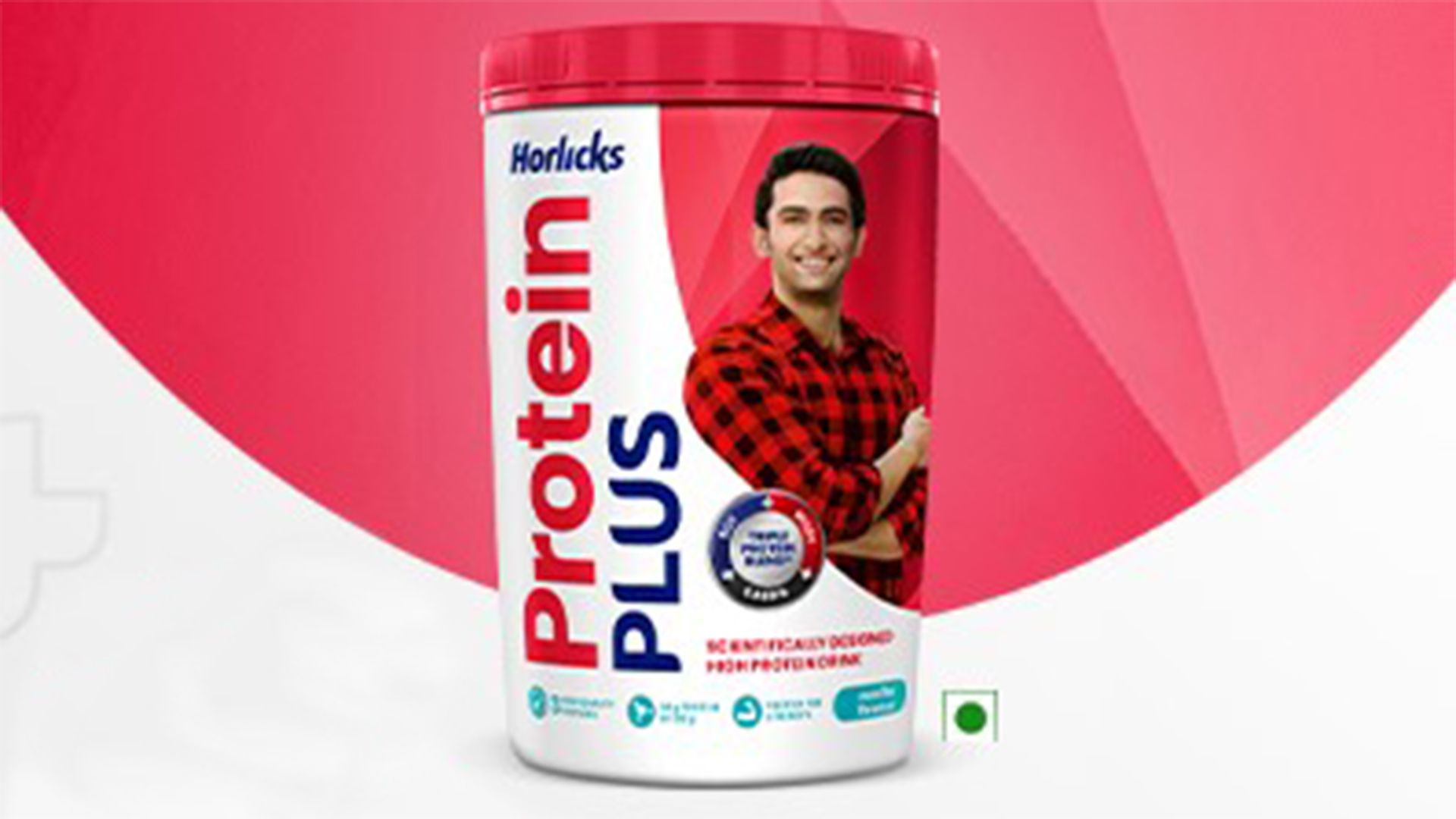 A tub of Horlicks Protein Plus, with an image of a man drinking a cup of the Protein Plus, along with the text ‘Horlicks Protein Plus with high quality protein