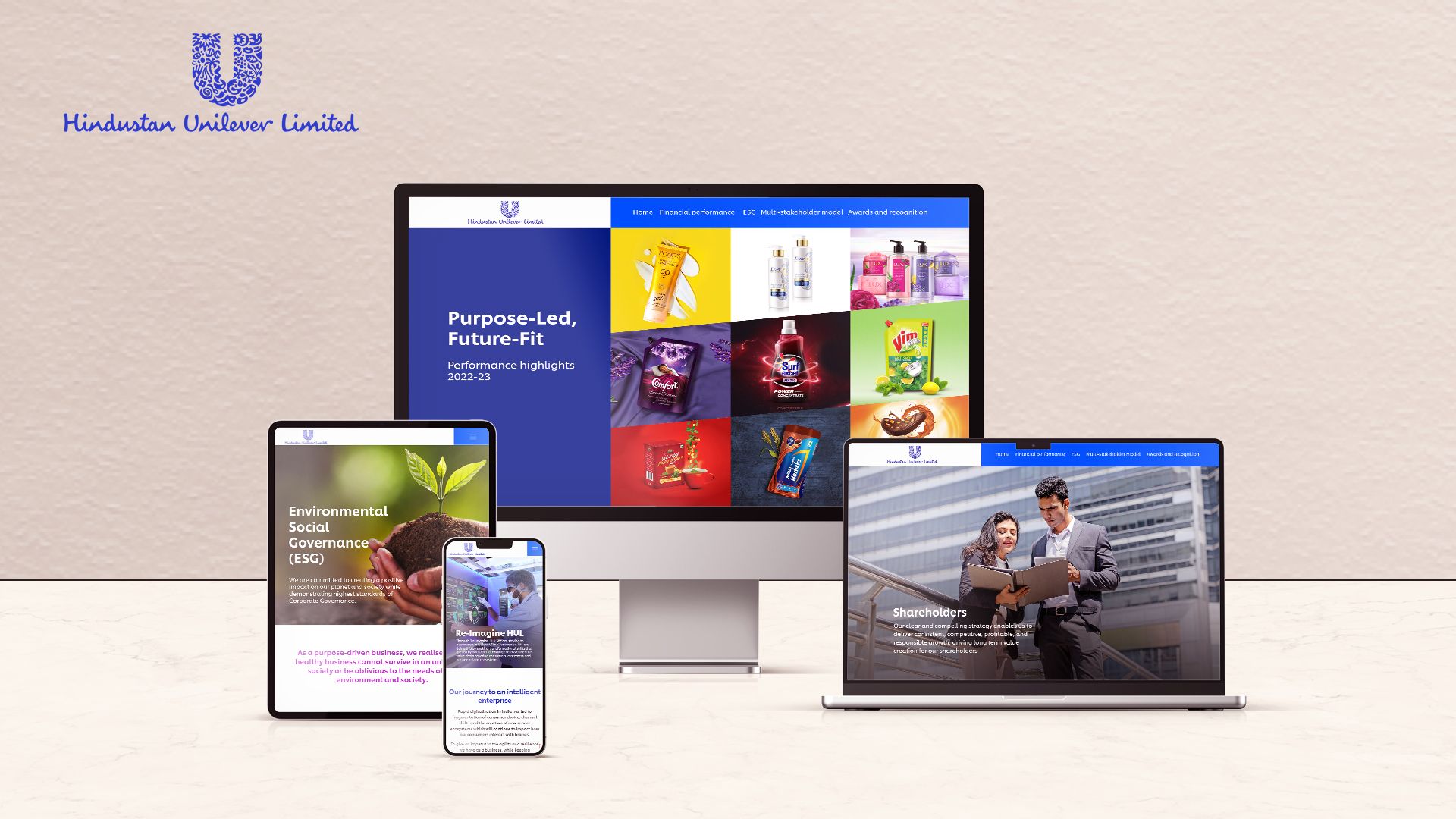 [10:56] Dsilva, Cindrella  Image of digital screens with frames of pages from HUL's performance highlights microsite for financial year 2022- 2023