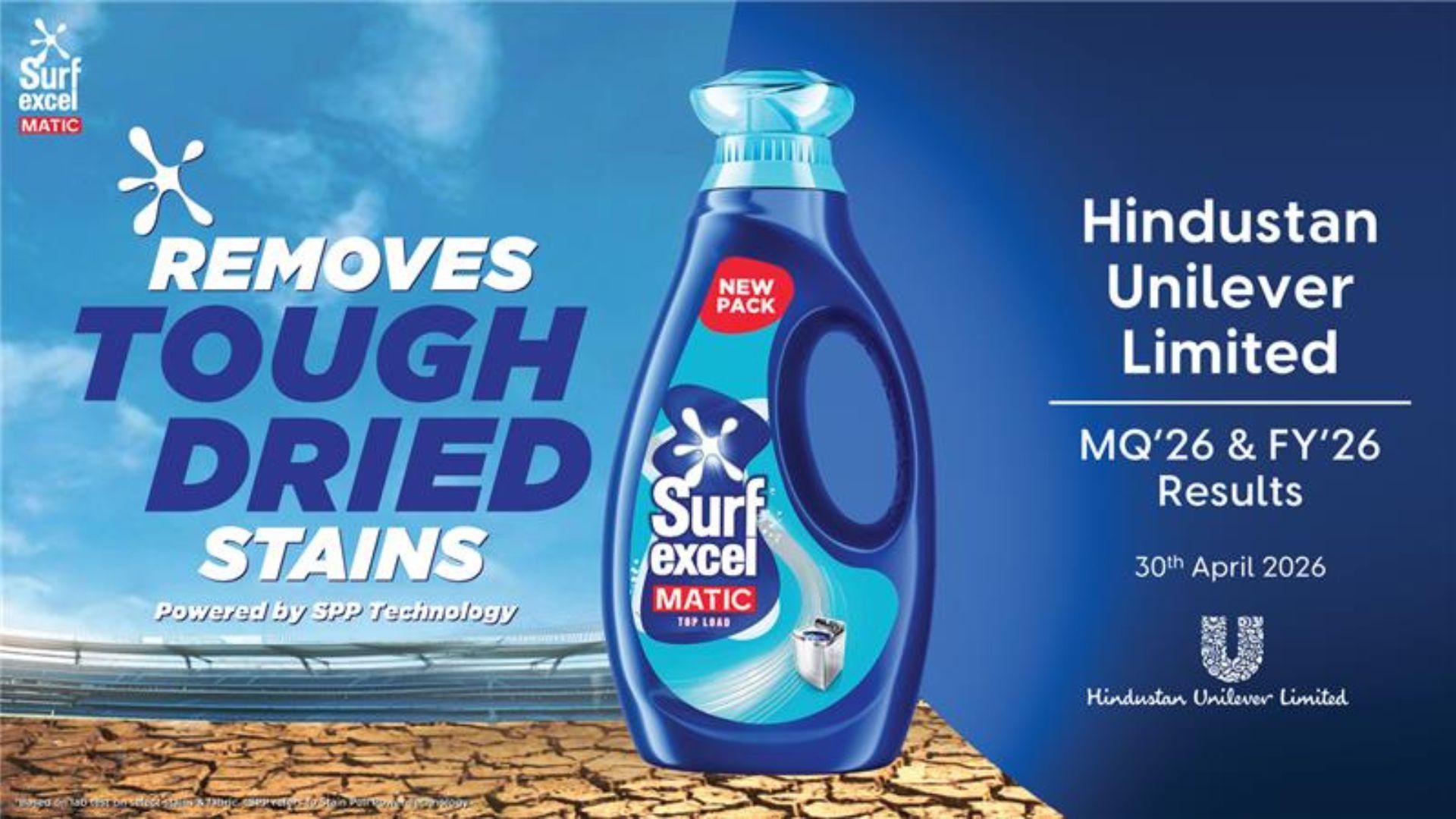 Surf Excel Matic detergent ad highlighting stain removal, Hindustan Unilever MQ’26 and FY’26 results.