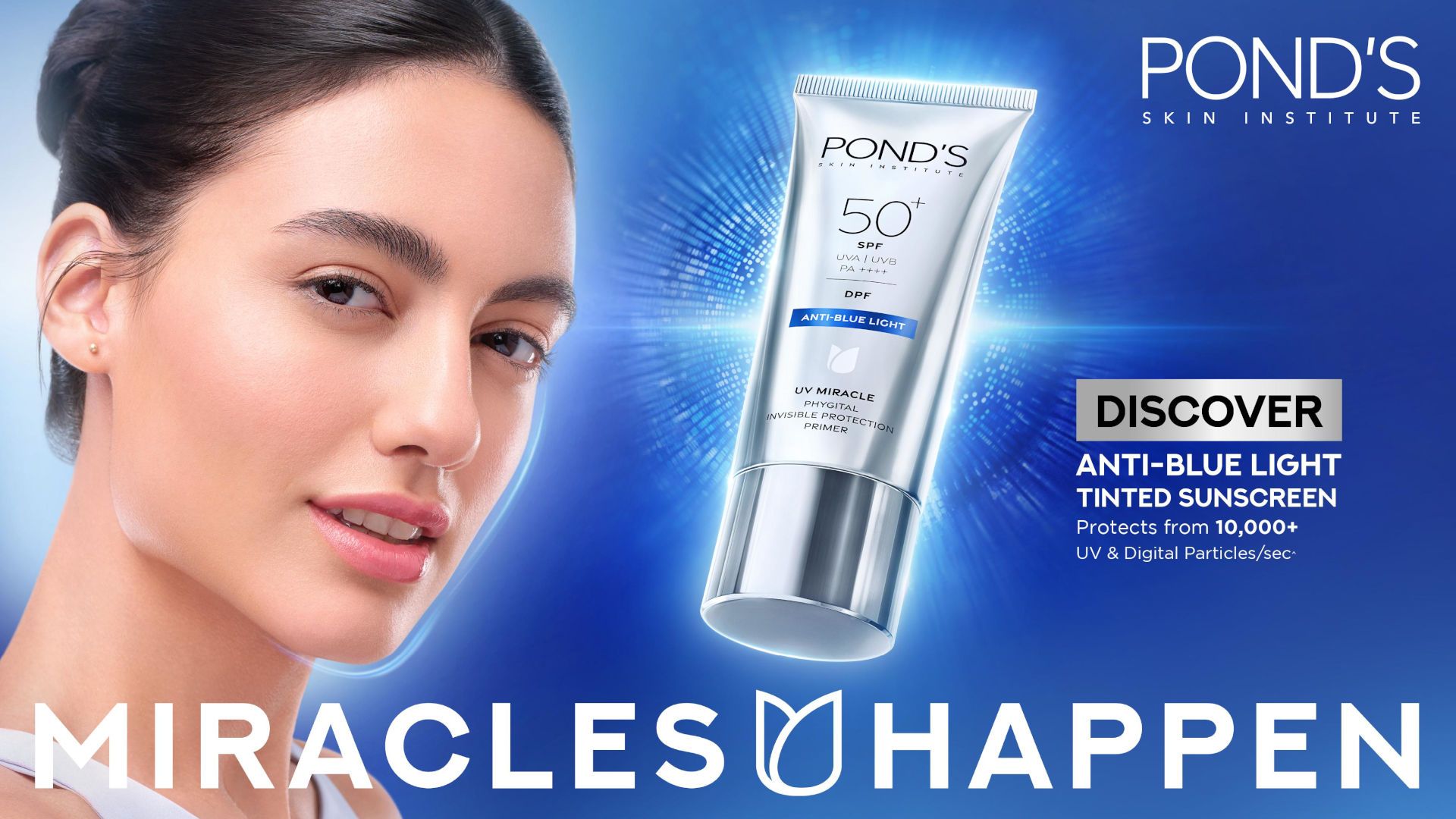 Pond’s SPF 50+ anti–blue light tinted sunscreen shown beside a woman’s face on a blue background.