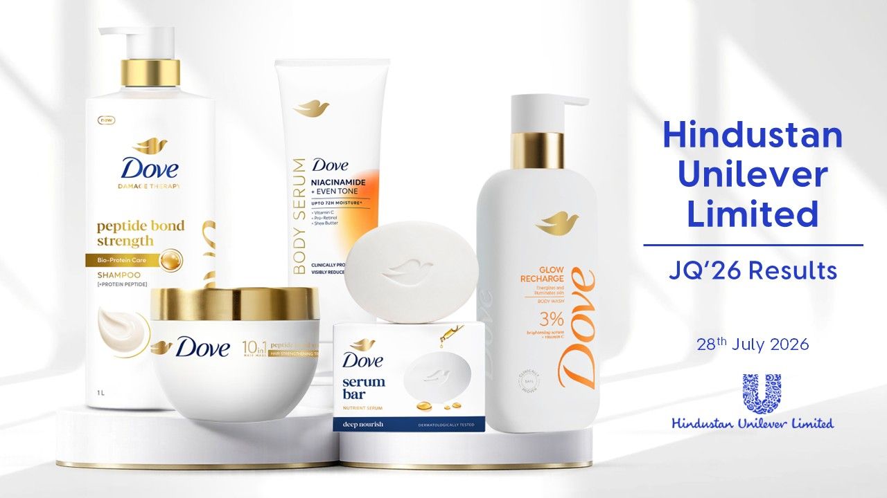 Dove skincare and haircare products displayed beside Hindustan Unilever Limited JQ’26 results announcement text.