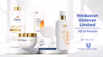 Dove skincare and haircare products displayed beside Hindustan Unilever Limited JQ’26 results announcement text.