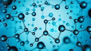 many connected atoms on a blue background