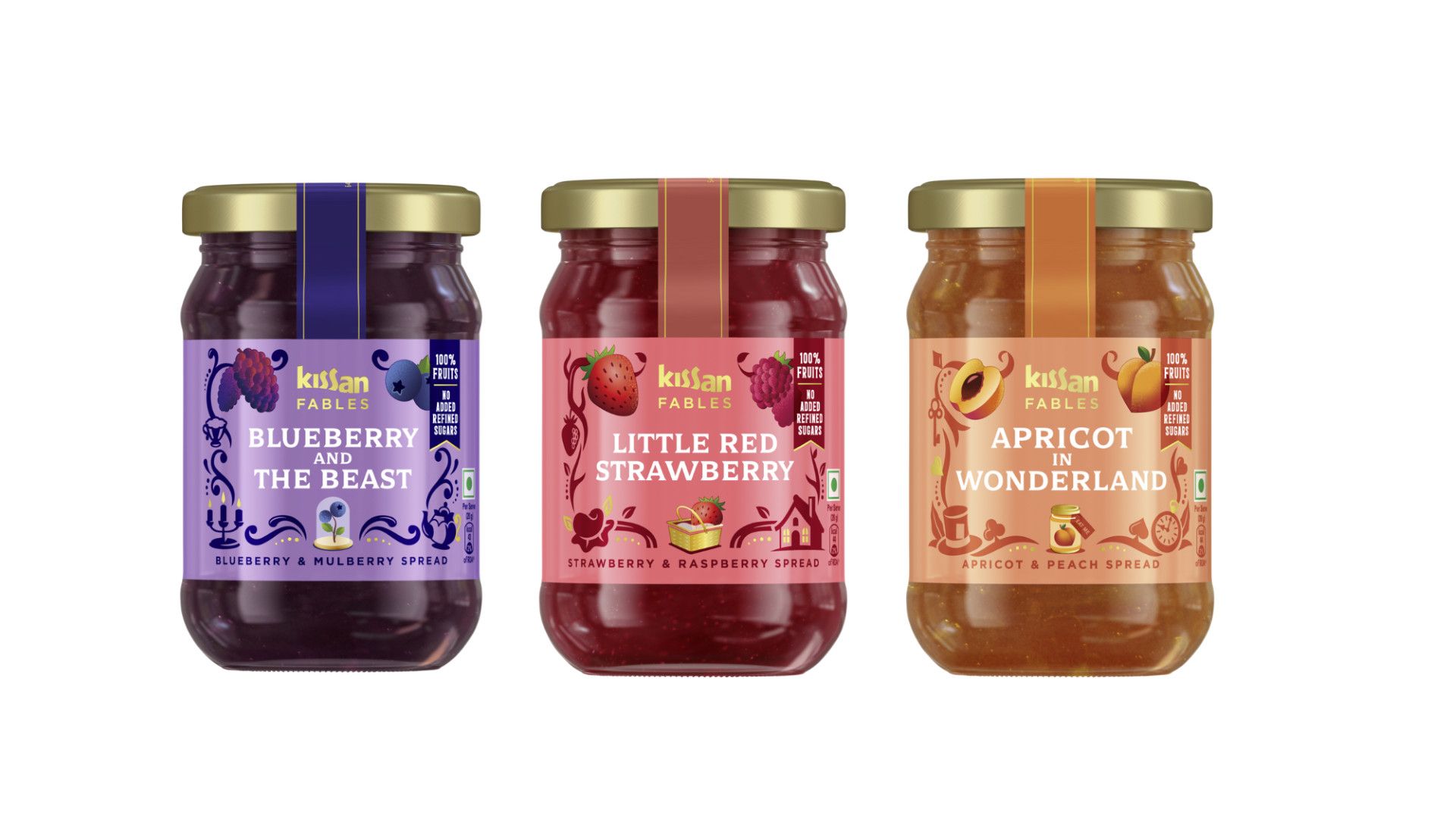 Jars of Kissan Fables in three flavours: Blueberry & The Beast, Little Red Strawberry and Apricot in Wonderland.