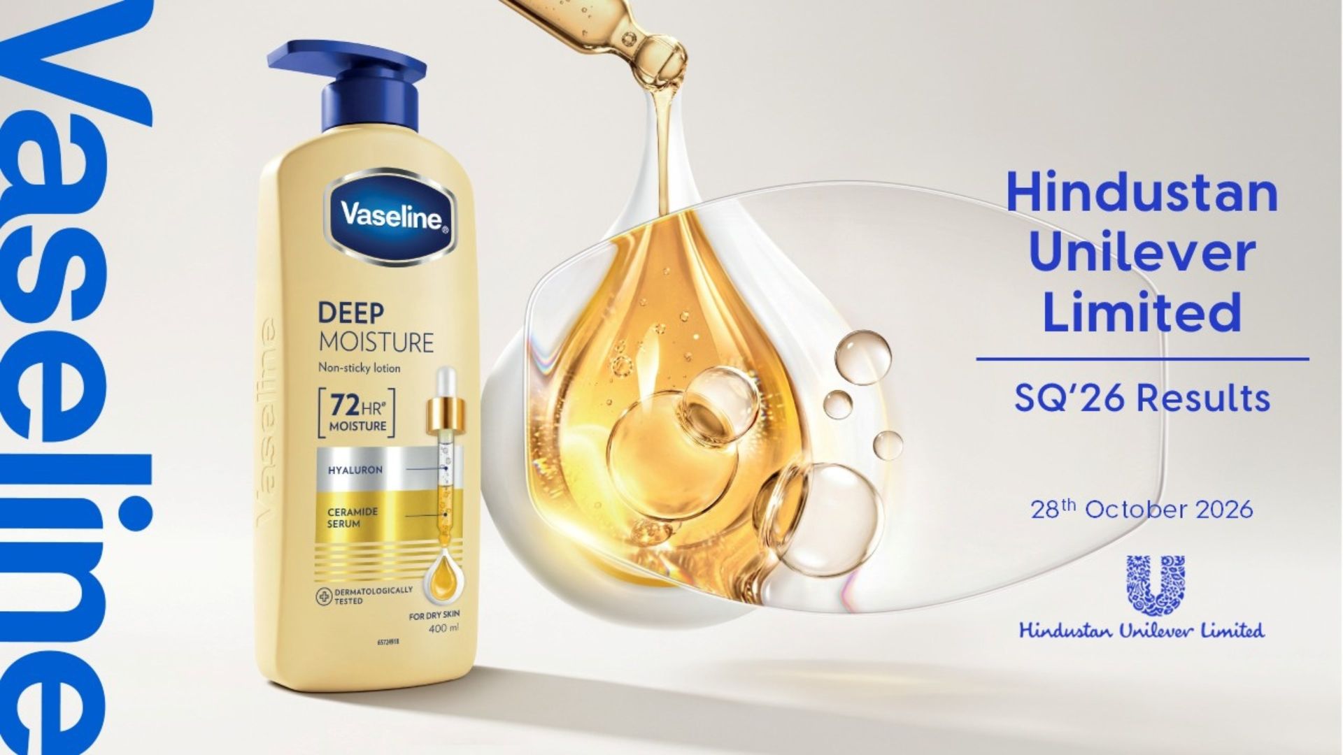 Hindustan Unilever SQ’26 results cover featuring a bottle of Vaseline Deep Moisture lotion.