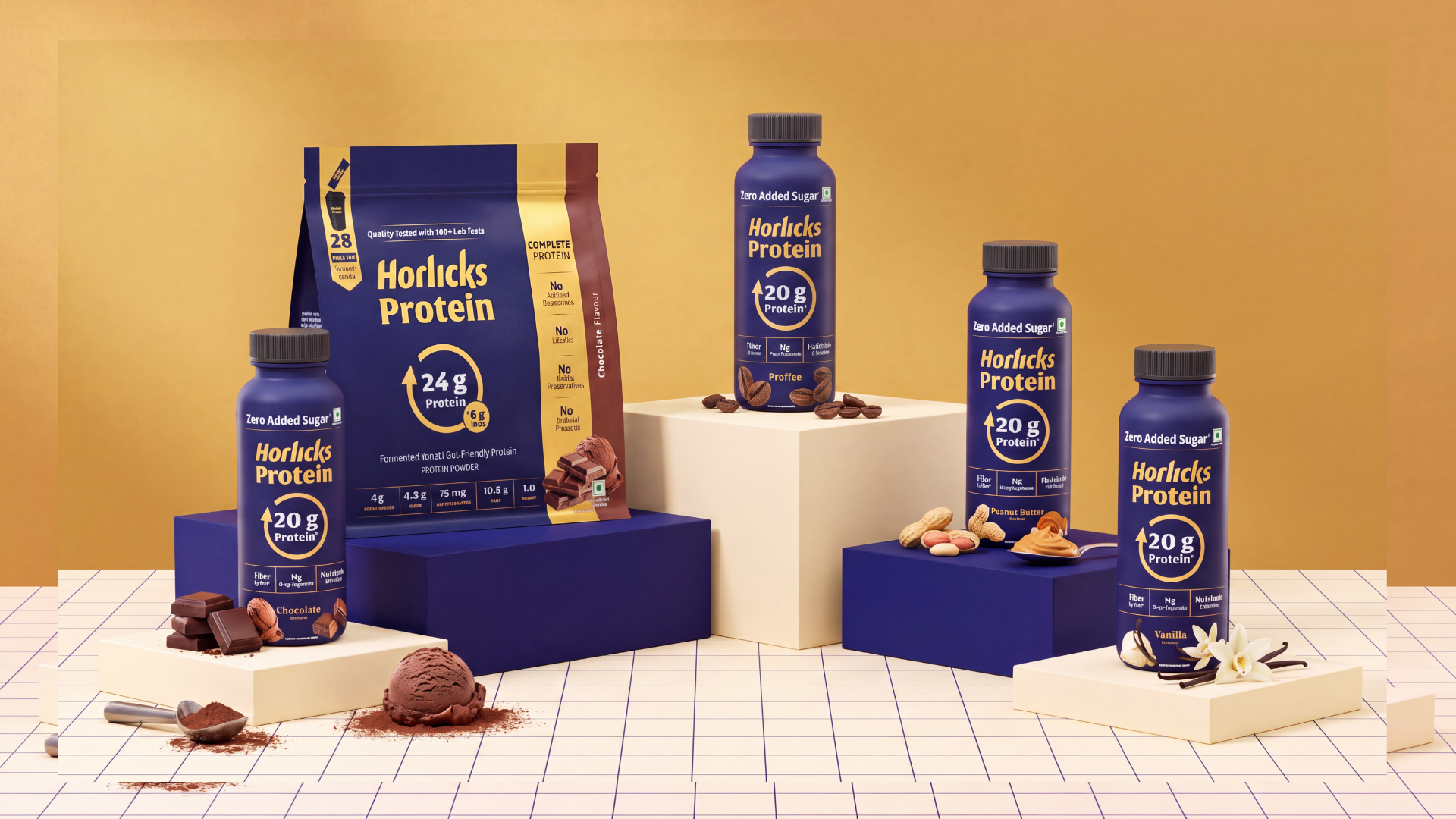 Horlicks Protein powder and drink bottles displayed with chocolate, coffee, peanut, and vanilla ingredients