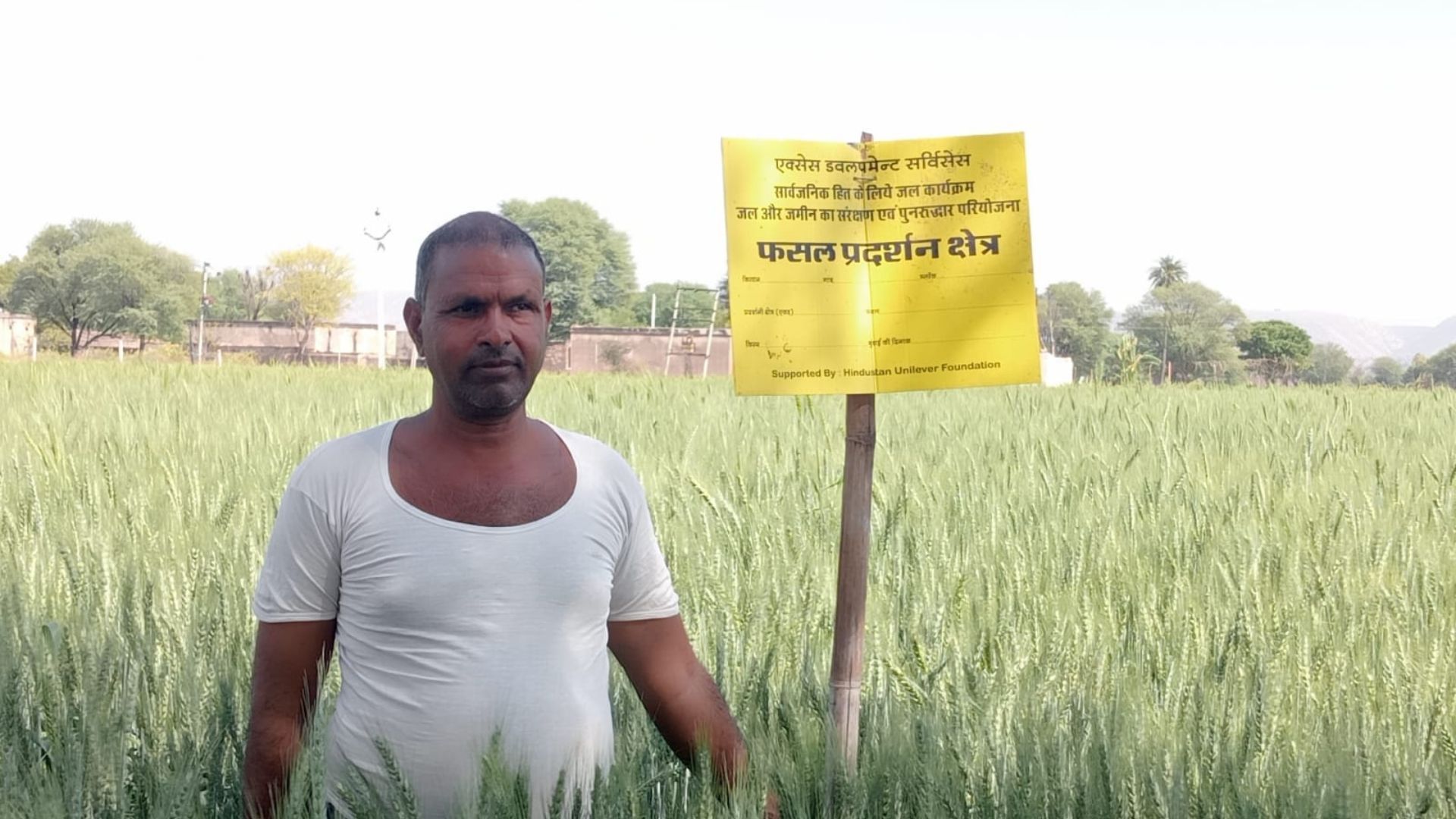 Farmer stands in a green wheat field beside a demonstration plot sign.