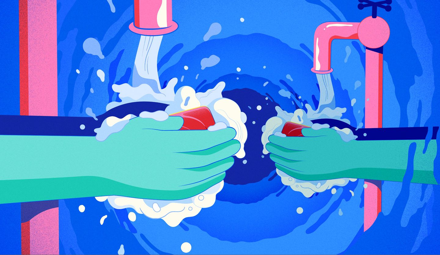 Illustration of two pairs of hands being washed with bars of soap.