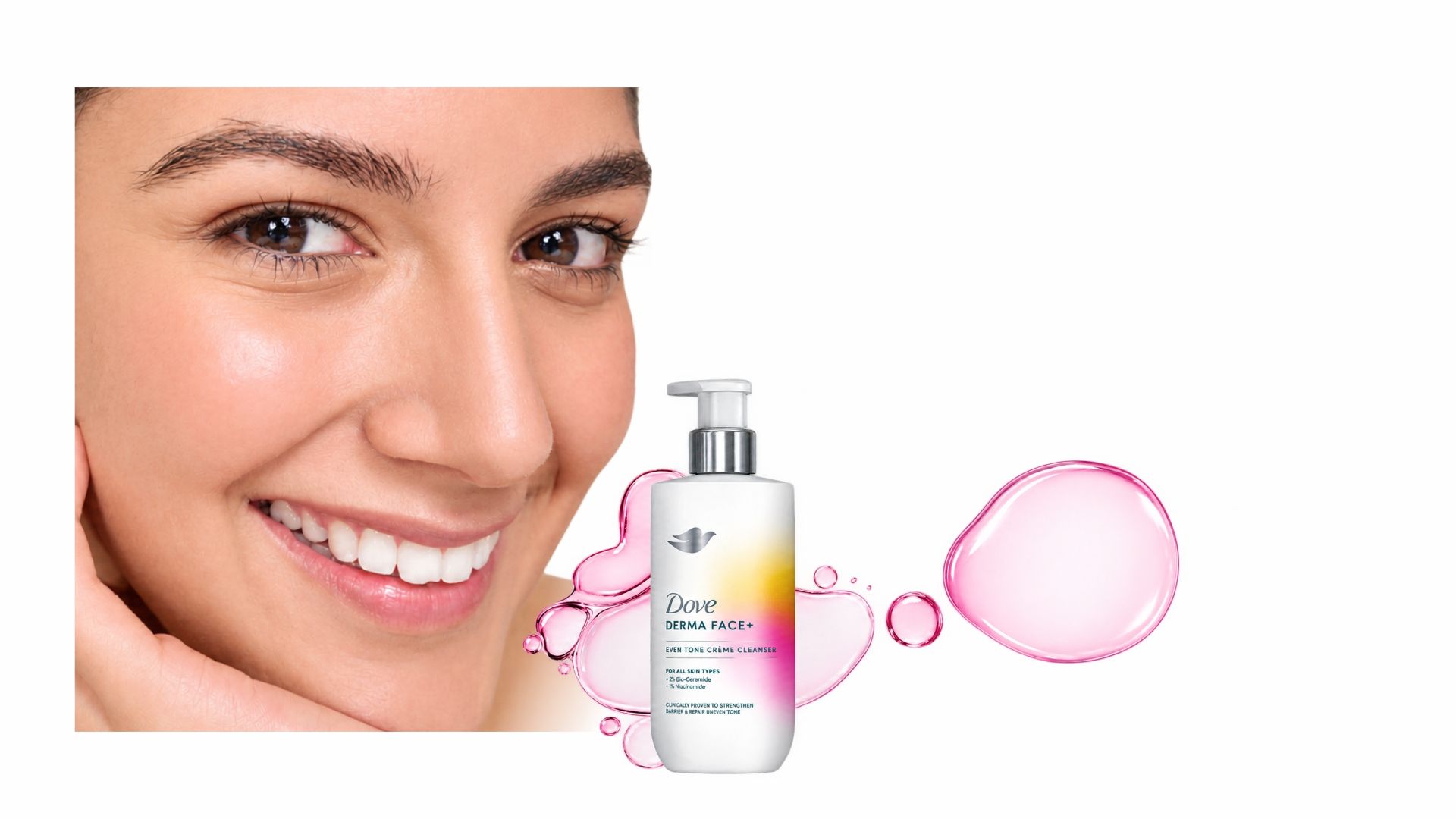 Dove Derma Face+ Active Cleanser pump bottle with claim that it repairs uneven tone in one week.