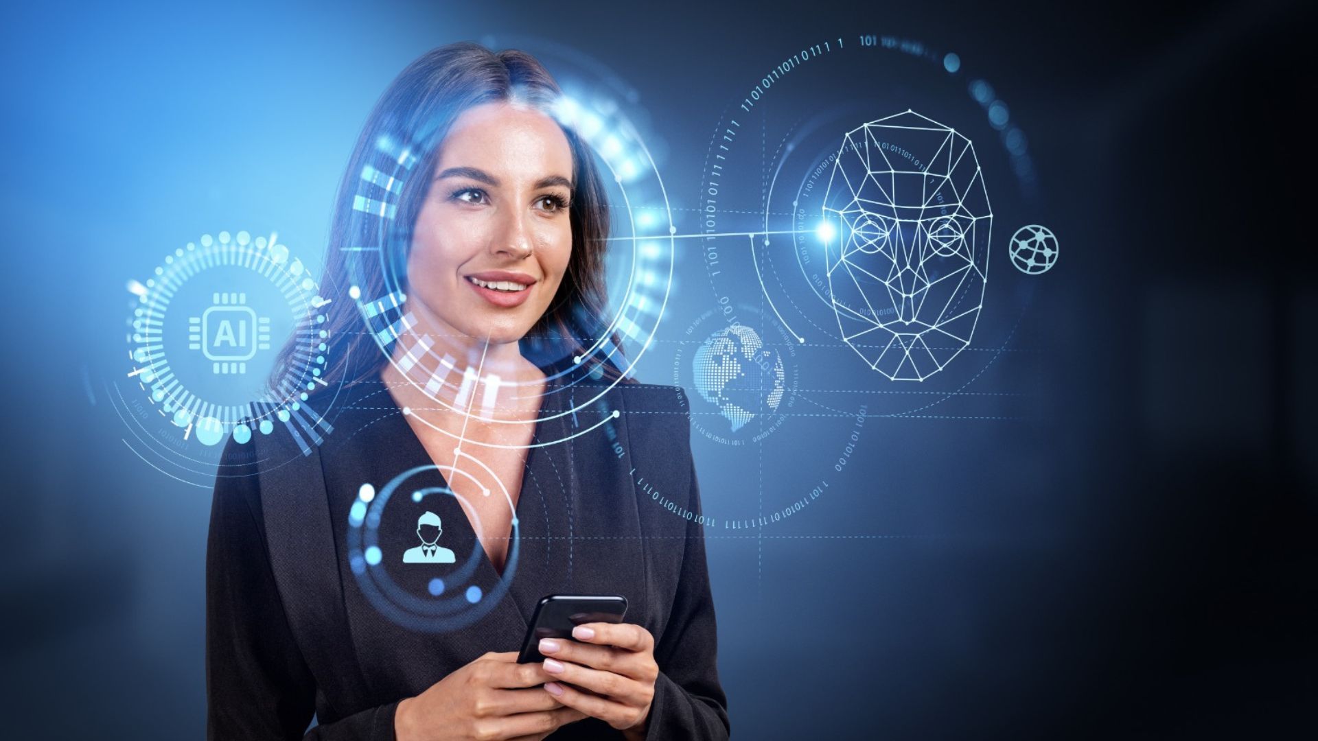 Woman holding a mobile phone and technological figures.