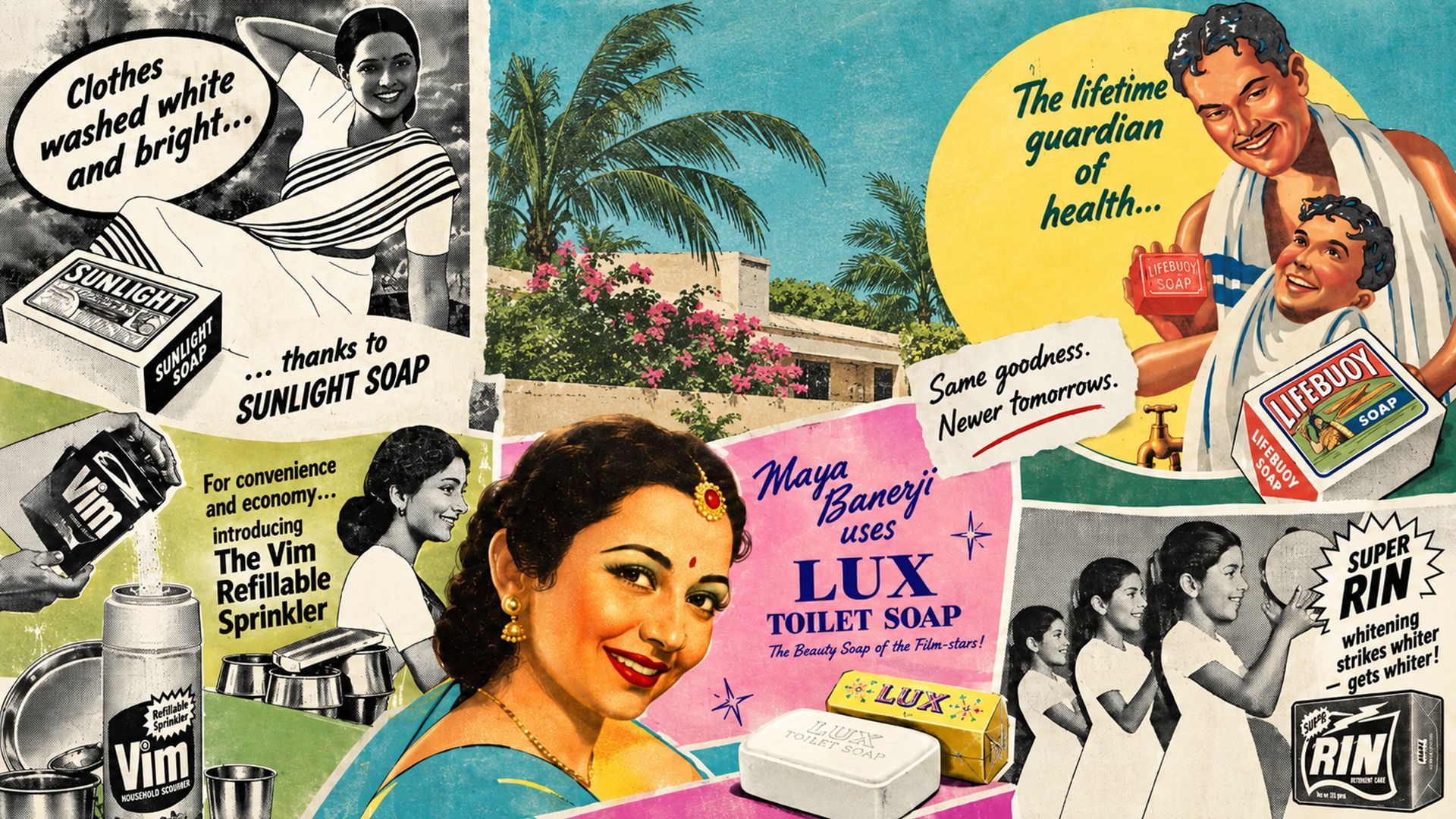 Collage of vintage Indian advertisements for Lux, Lifebuoy, Sunlight, Vim and Rin products.