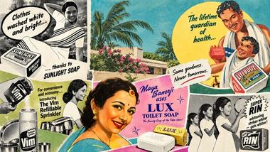 Collage of vintage Indian advertisements for Lux, Lifebuoy, Sunlight, Vim and Rin products.