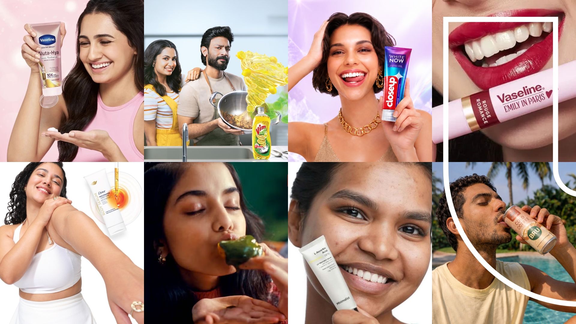 Collage of people smiling and using personal care products and a canned drink.