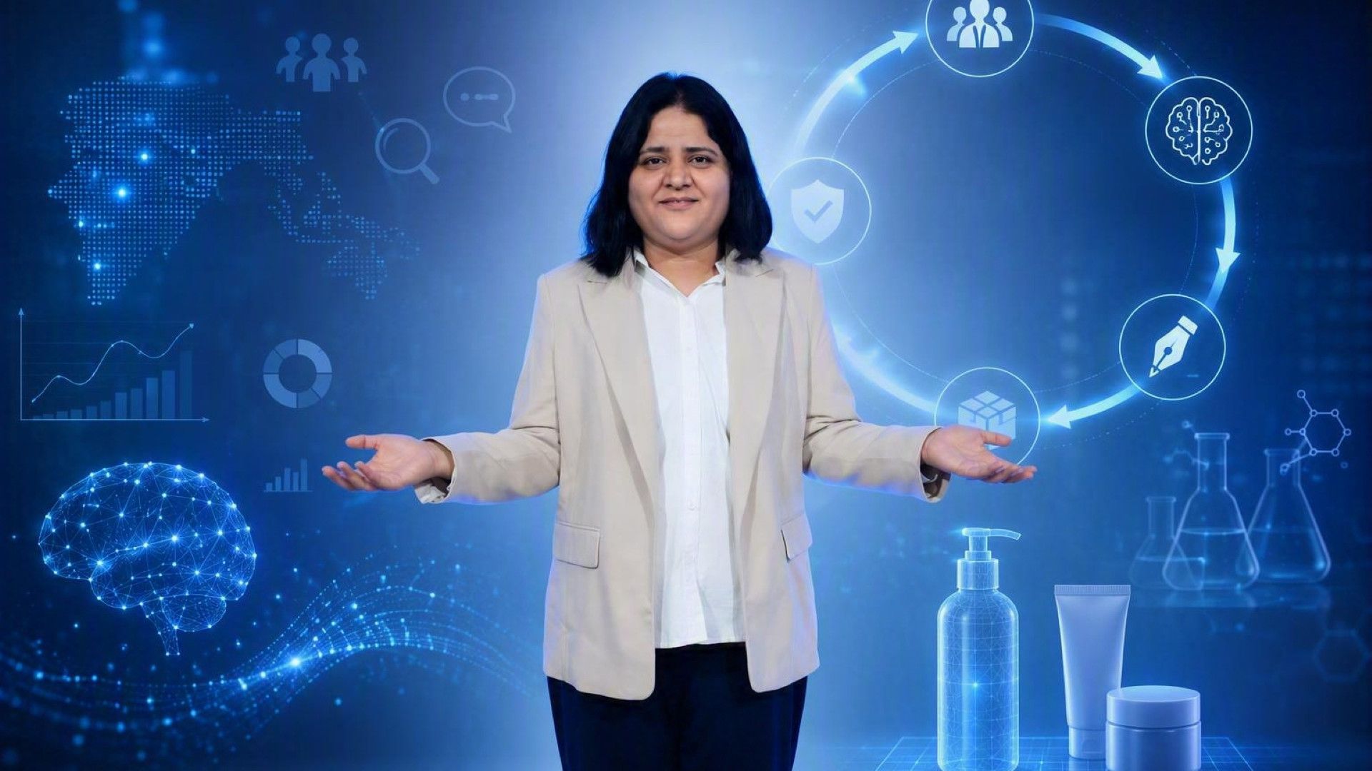Businesswoman presents against a digital backdrop of AI, analytics, science and product development icons.