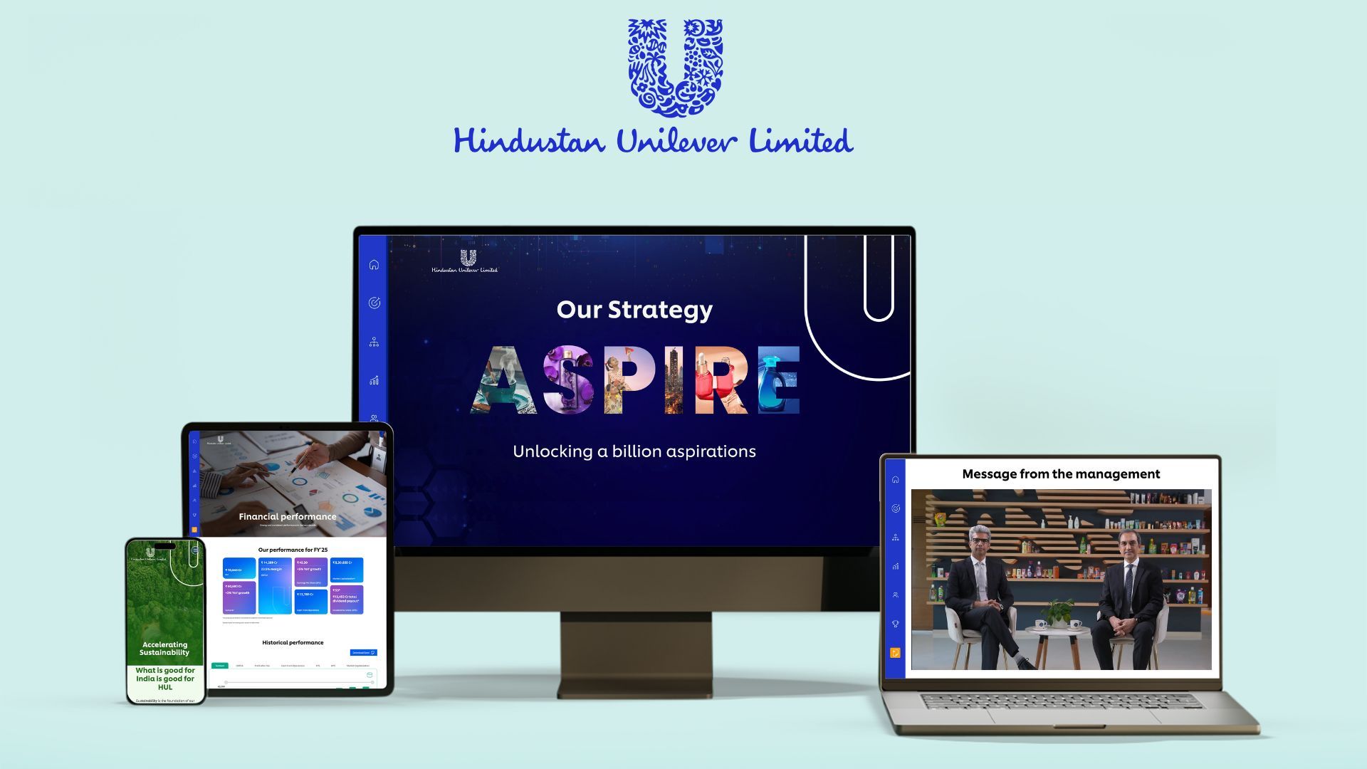 Image of digital screens with frames of pages from HUL's performance highlights microsite for financial year 2024-2025.