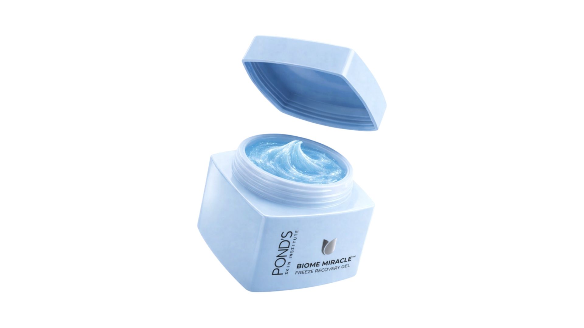 Open jar of Pond’s Biome Miracle Freeze Recovery Gel showing light blue cream with raised swirl texture
