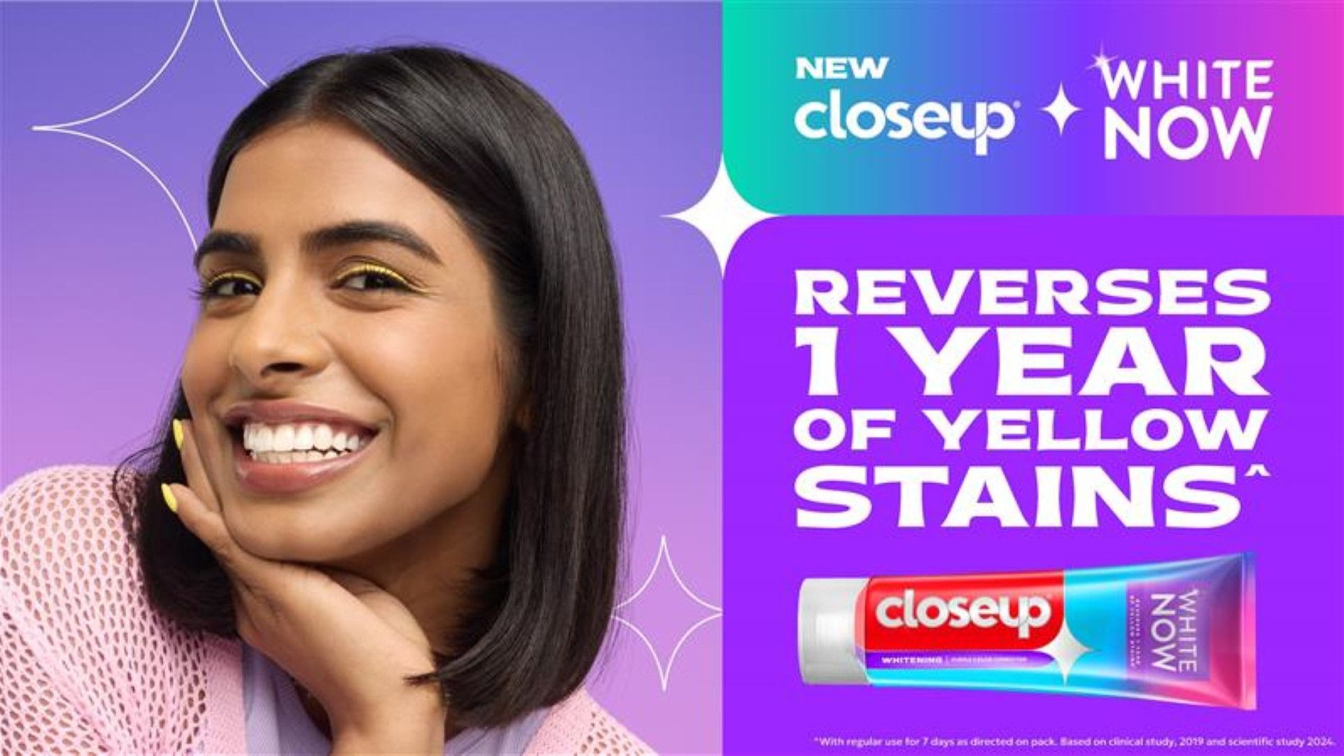 A key visual of Closeup White Now with text – Reverses 1 year of yellow stains.