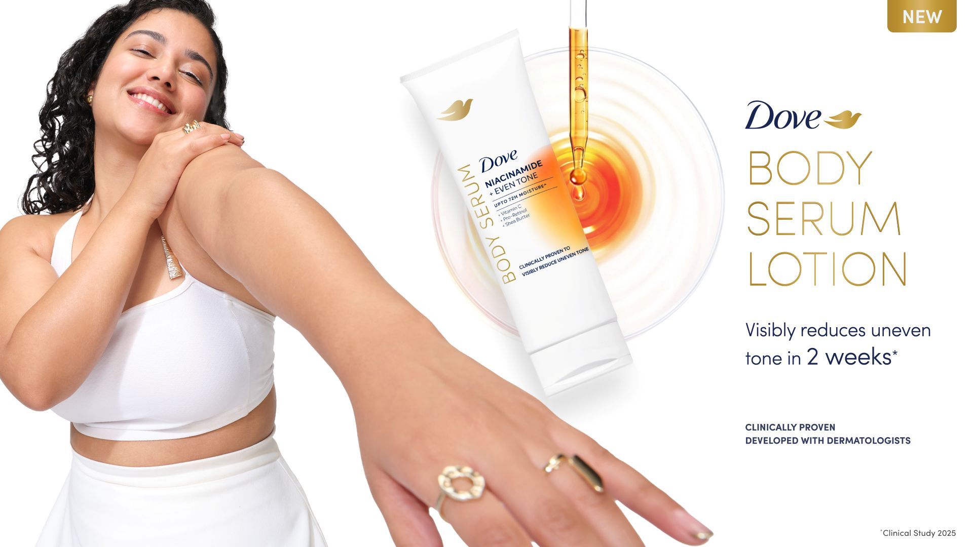 Smiling woman touches her smooth arm beside Dove Body Serum Lotion product packaging and dropper graphic