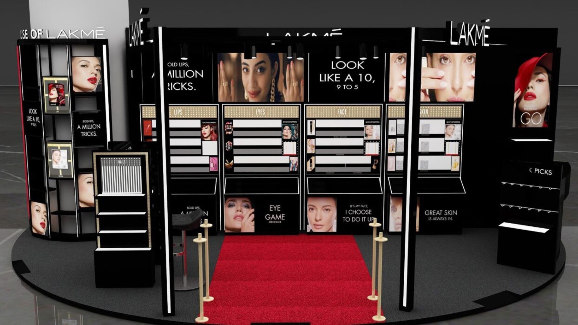 A House of Lakmé beauty counter in India featuring a red carpet and black lacquered furniture.
