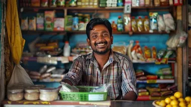 A man with a friendly smile stands in a store, creating an inviting scene for potential customers.