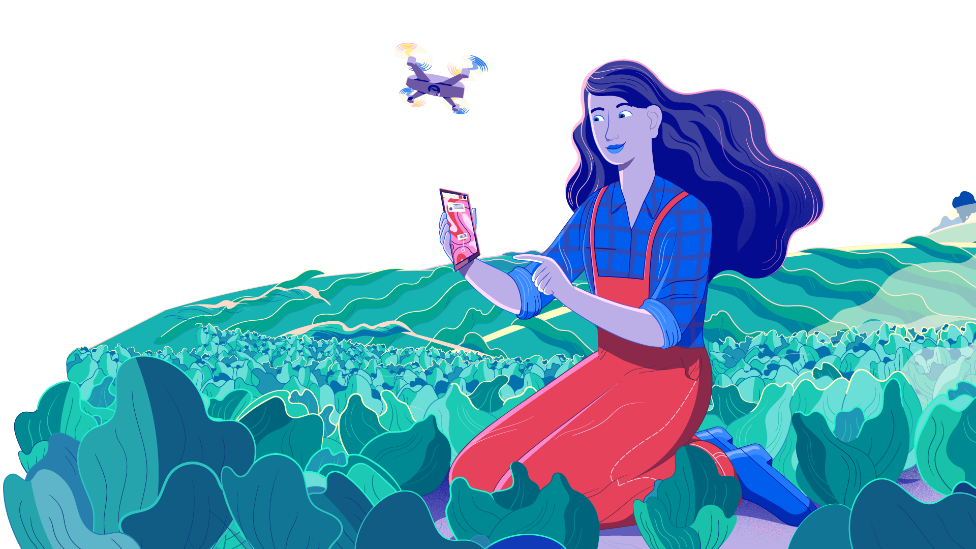 an illustration of a woman in a field with a drone