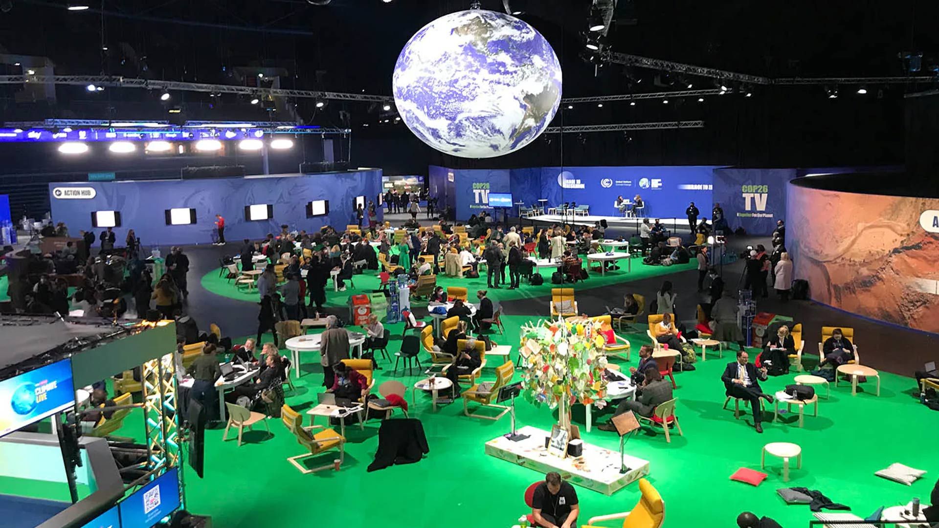 Bird’s-eye view of COP26 venue in Glasgow, with suspended globe