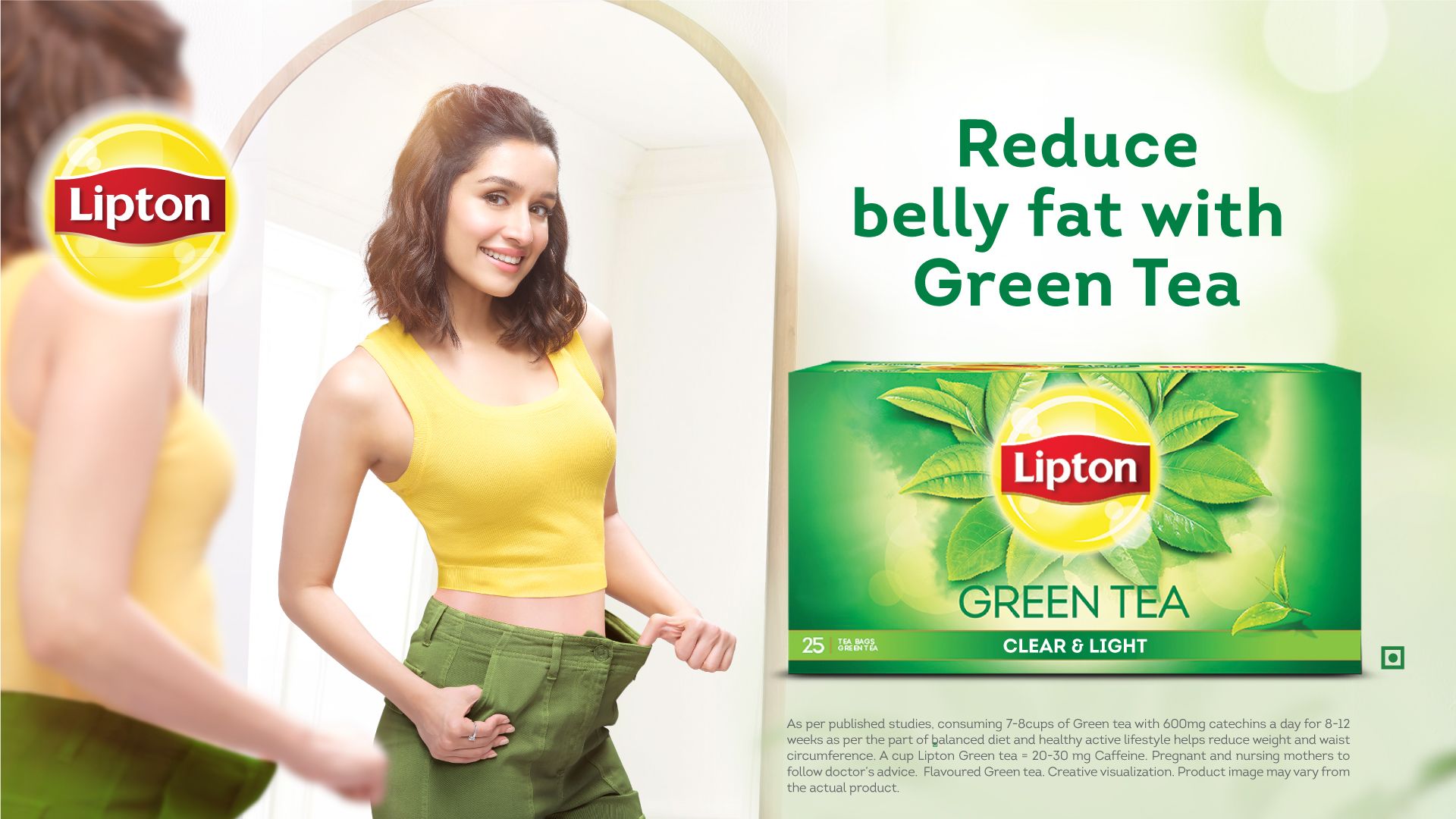 A print ad of Lipton Green tea with text written as - Reduce Belly Fat with Green Tea