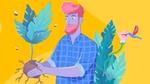 Illustration of a man holding a plant