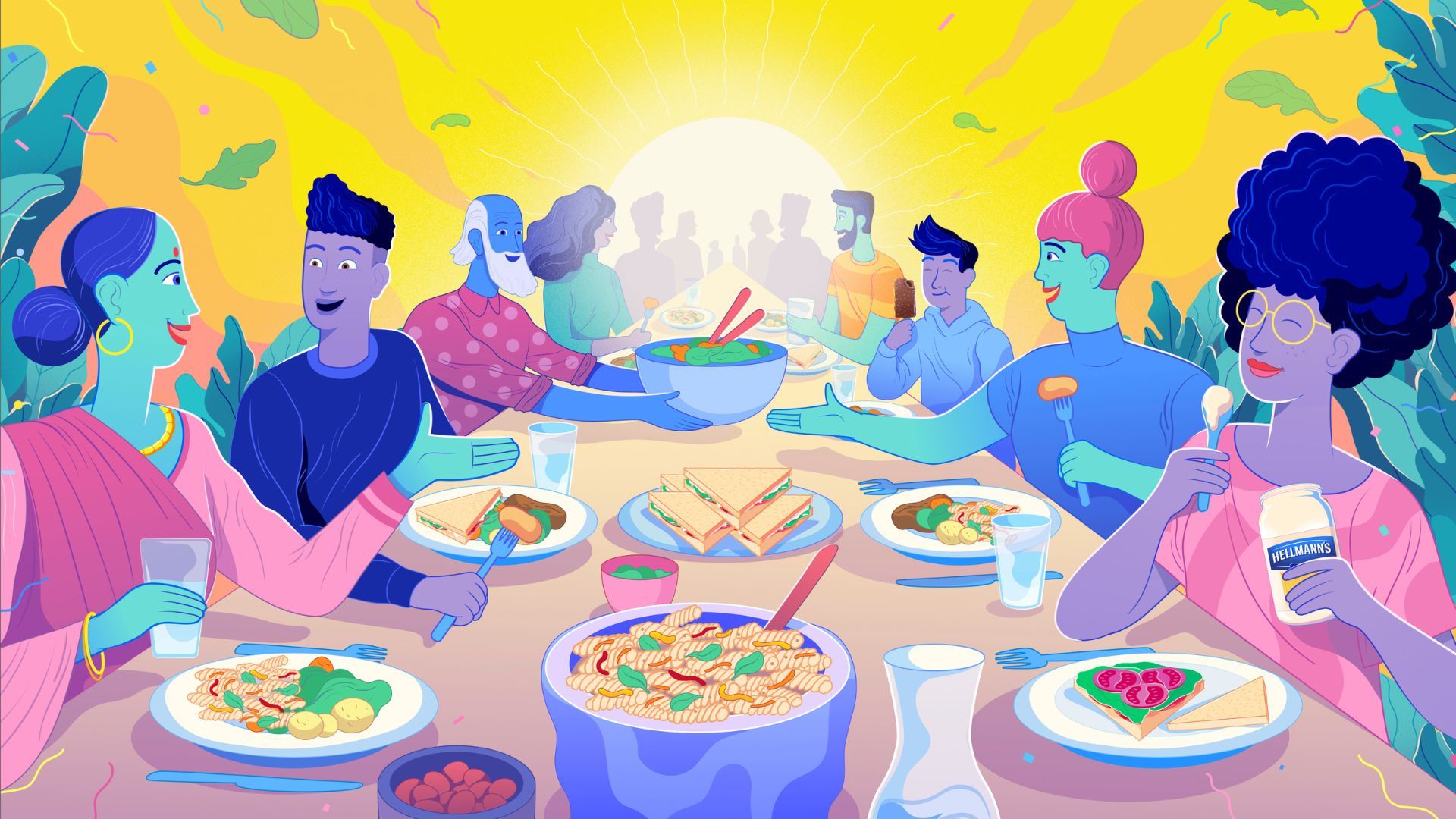 A group of people gathered around a long table having a celebratory meal 