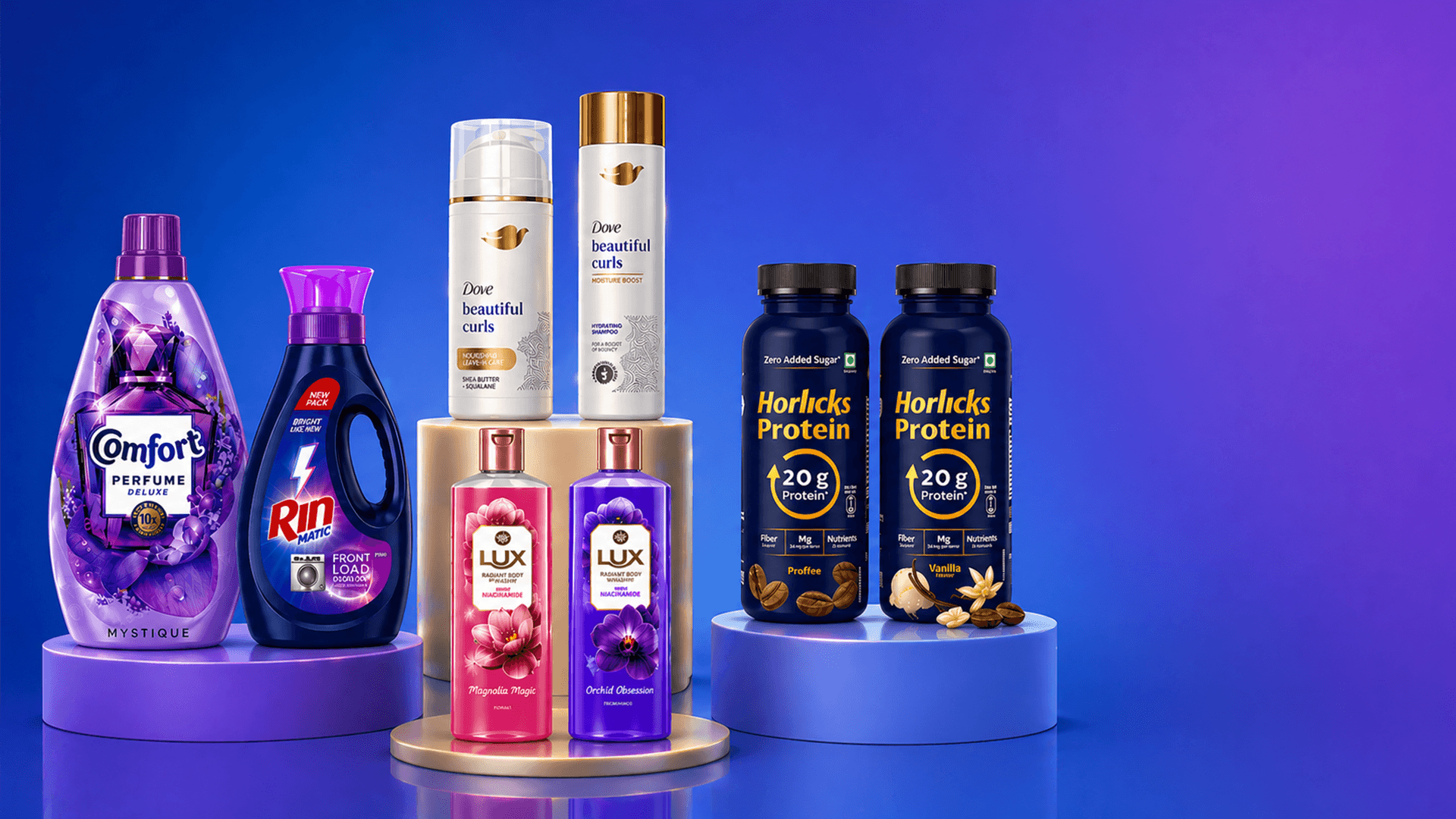 Various personal care and nutrition products are displayed against a purple background. Brands include Comfort, Rin, Dove, Lux, and Horlicks.