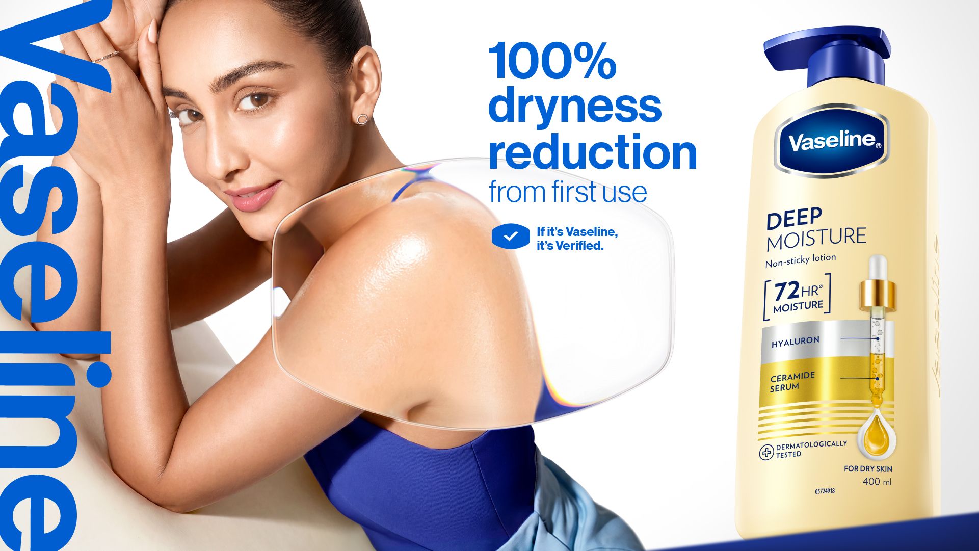 Woman beside Vaseline Deep Moisture lotion with ceramide and hyaluron for soft skin.