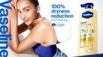 Woman beside Vaseline Deep Moisture lotion with ceramide and hyaluron for soft skin.