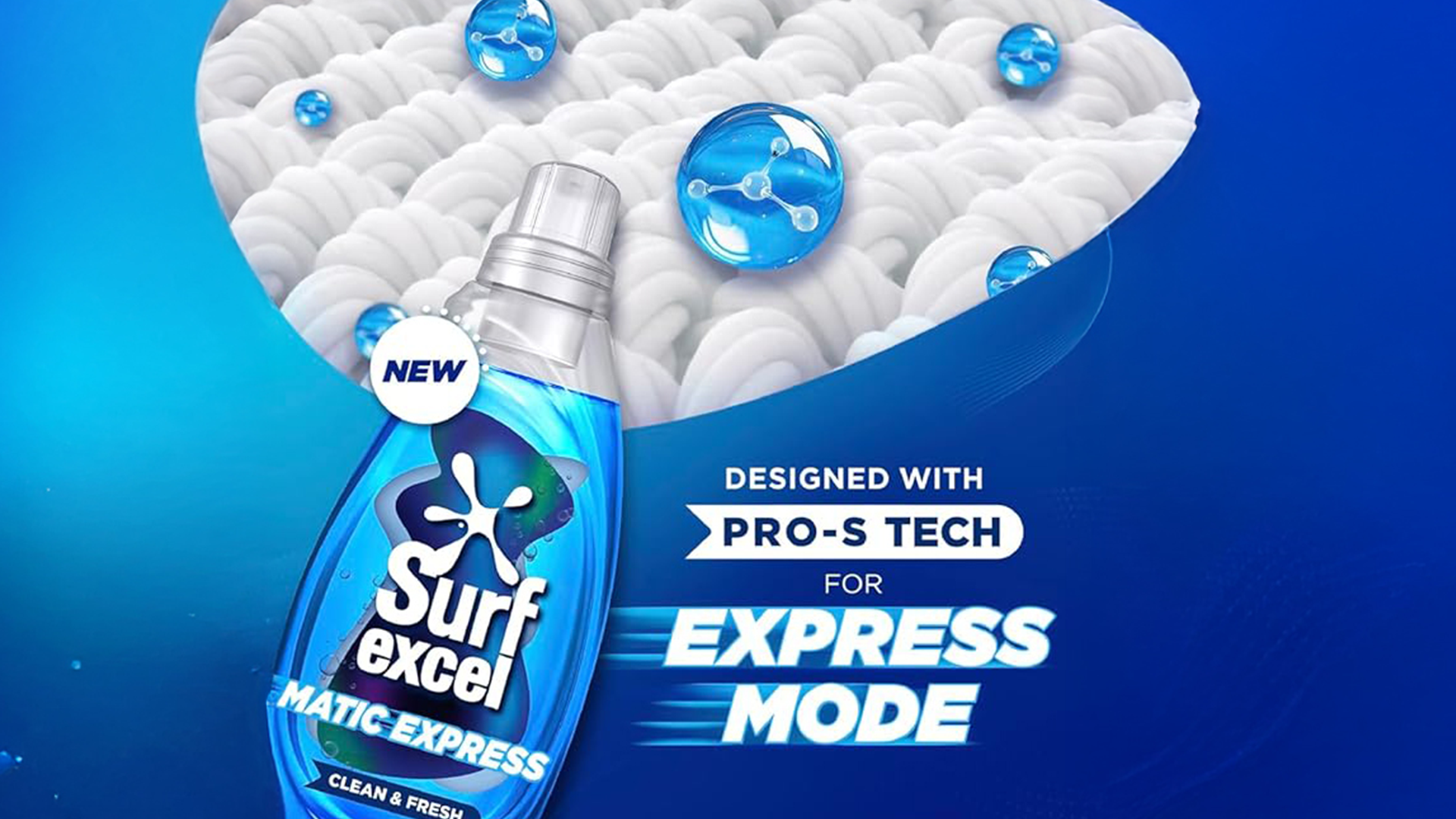 Surf Excel Matic Express detergent bottle with blue bubbles, highlighting Pro-S Tech for express wash mode.