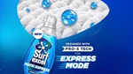Surf Excel Matic Express detergent bottle with blue bubbles, highlighting Pro-S Tech for express wash mode.