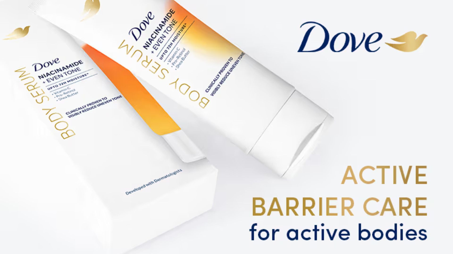 Dove Niacinamide Even Tone body serum tubes with text promoting active barrier care for active bodies