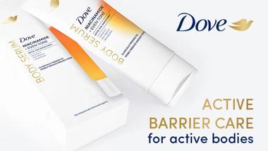 Dove Niacinamide Even Tone body serum tubes with text promoting active barrier care for active bodies