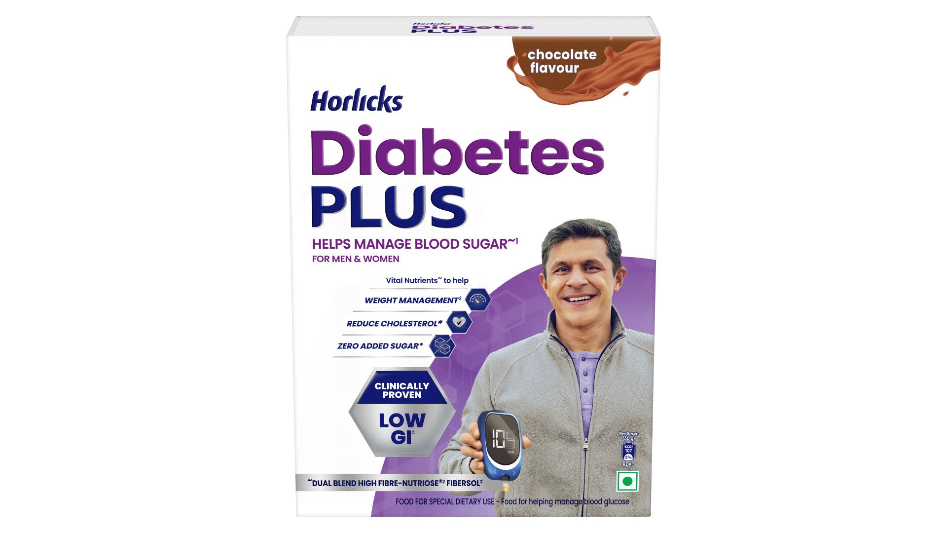 A pack shot of Horlicks Diabetes Plus Chocolate.