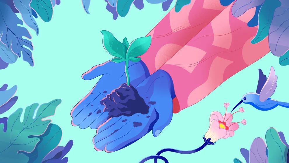 A graphic of a person holding a plant in their hands