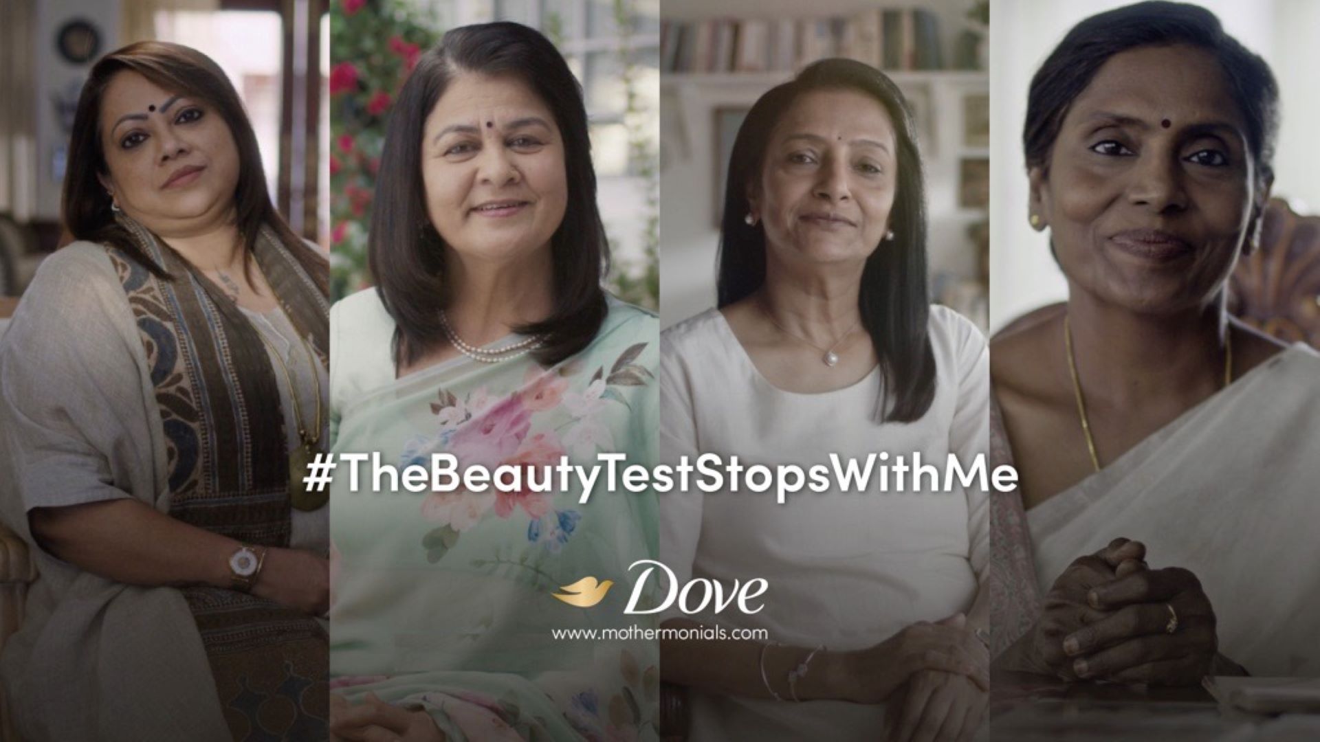 A collage of Dove Stop The Beauty Test campaign key visuals launched in July 2024. The collage includes images of four Indian mothers.