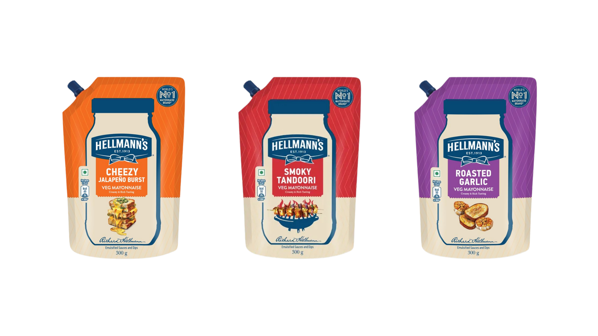 Pack shots of Hellmann's flavoured mayonnaise in three varieties: Cheezy Jalapeno Burst, Smoky Tandoori and Roasted Garlic.