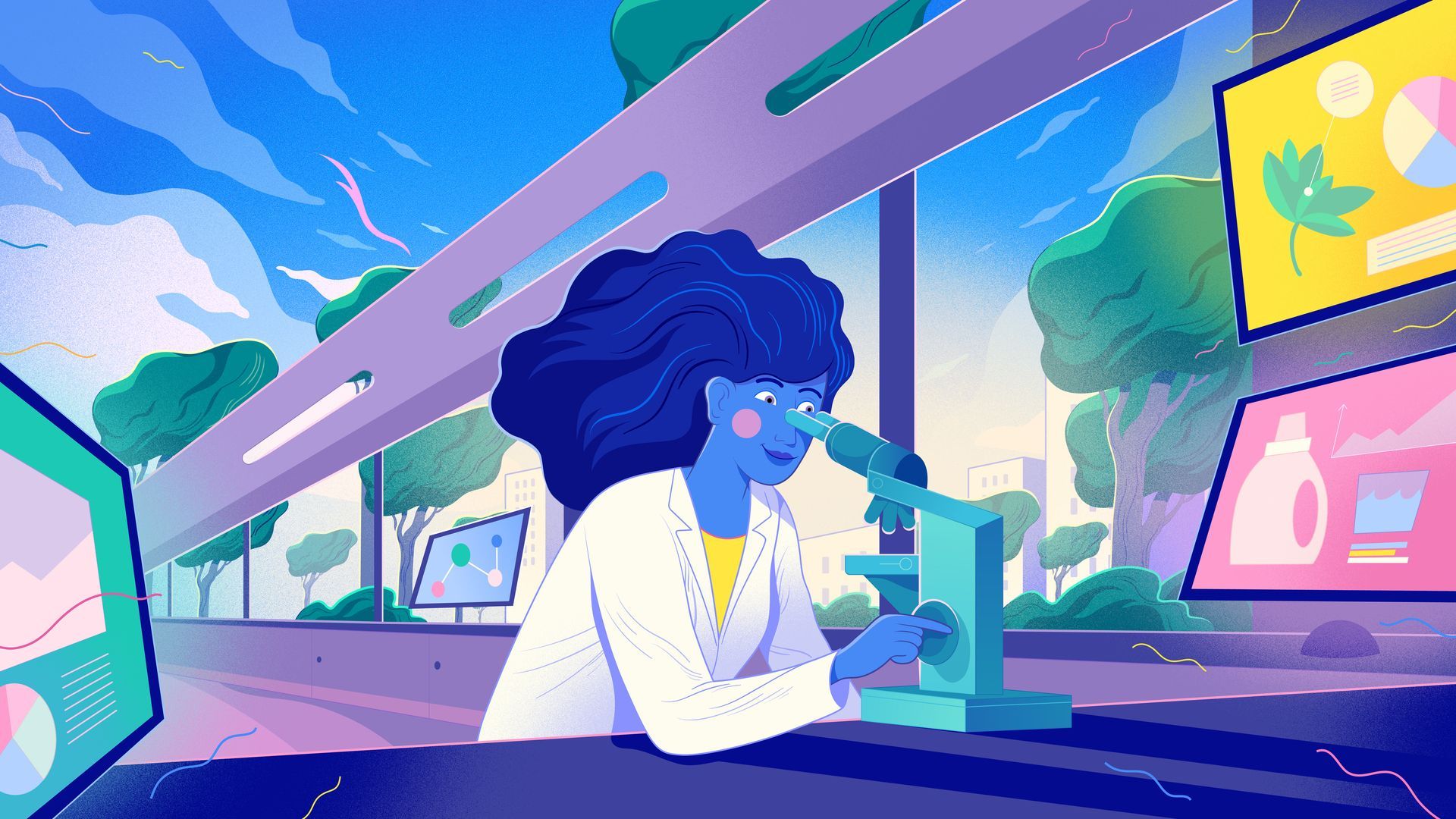 An illustration of a scientist looking through a microscope