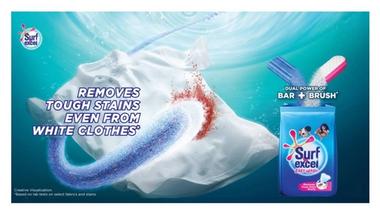A creative visualization of the power of Surf Excel Easy Wash detergent to remove tough stains from white clothes.